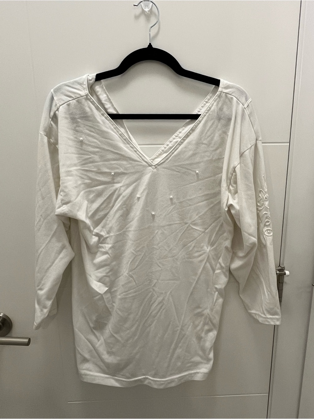Small Express White V-Neck Long Sleeve Top with pearl and embroidery detail